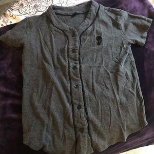 Embroidered alien baseball style button down tee